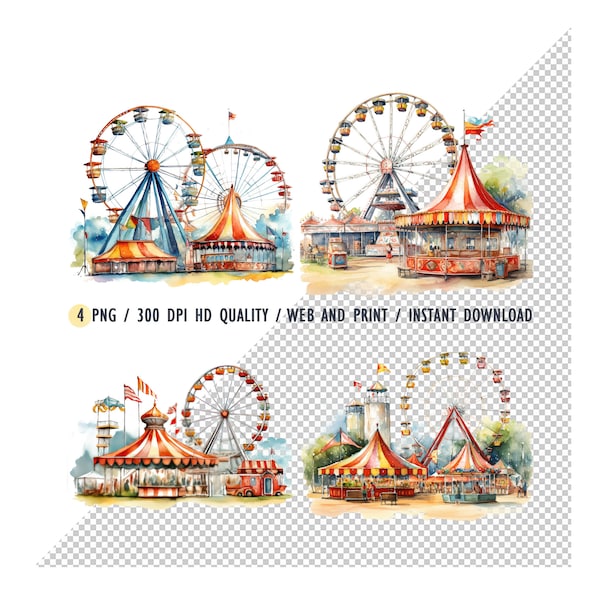 Watercolor County Fair Clipart, State fair watercolor clipart bundle, County Fair, Fair Wheel, Carnival clip art, files sublimation