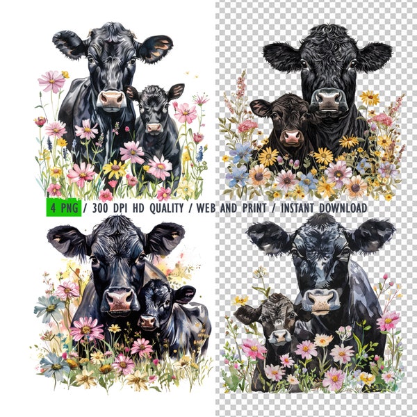 Mom and Baby Black Angus Cow with Wild Flowers PNG, Mother's Day Clipart, Black Angus Watercolor, Files Sublimation, Digital Download