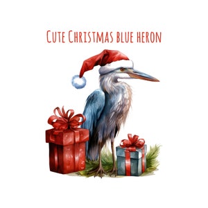 Aquarelle, Héron bleu de Noël mignon, Héron bleu portant un chapeau de Père Noël Ornement de Noël Conception de sublimation, Téléchargement instantané