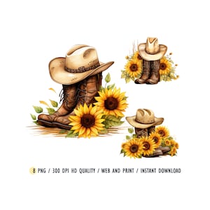 Botas de vaquero acuarela clipart PNG, sombrero de vaquero girasoles salvaje oeste flores florales amarillas occidentales, png transparente, diseños de sublimación