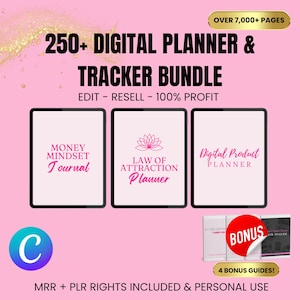 250+ Digital Planner & Tracker Bundle with PLR + MRR Rights, Done For You Digital Planners, Canva Plr Digital Templates