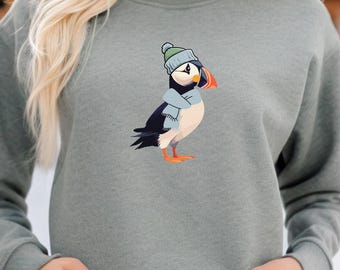 Winter Puffin Sweatshirt: Hat and Scarf, Cozy Crewneck