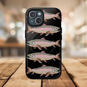 Custodia magnetica resistente per iPhone con motivo Salmon Fishing Aesthetic, custodia MagSafe resistente per iPhone con motivo Salmon Fishing rosa acceso, modelli iPhone 14-16