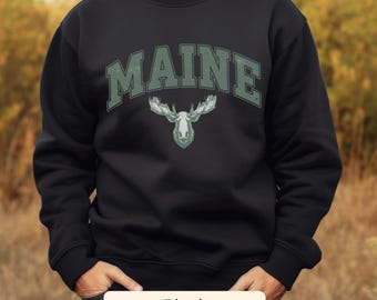 Maine Moose Sweatshirt: Collegiate Crewneck, Unisex Fit
