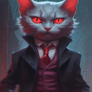 Puede incluir: Un gato blanco con ojos rojos que lleva un traje negro, camisa blanca y corbata roja. El gato tiene una expresión seria.