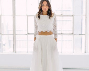 Two piece lace wedding dress, Engagement Lace Top, Bohemian Style Two-Piece Set Wedding Dress, 3/4 Sleeve Lace Top and A-Line Flowy Skirt.