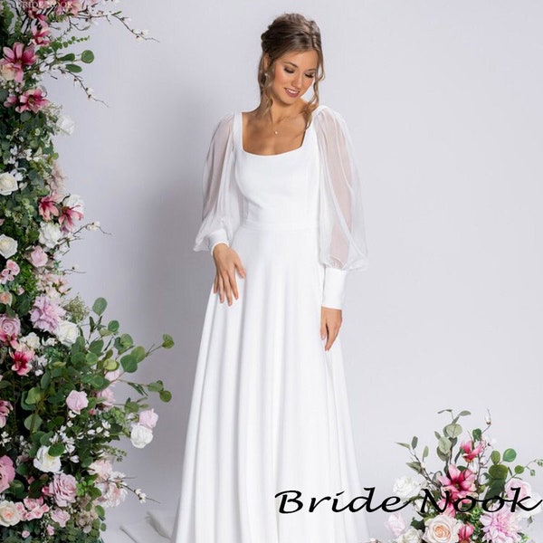 Modest A-Line Chiffon Long Sleeve wedding dress Square Neckline with Open Back satin wedding Gown Simple Puffy Sleeves Boho Bridal Dress