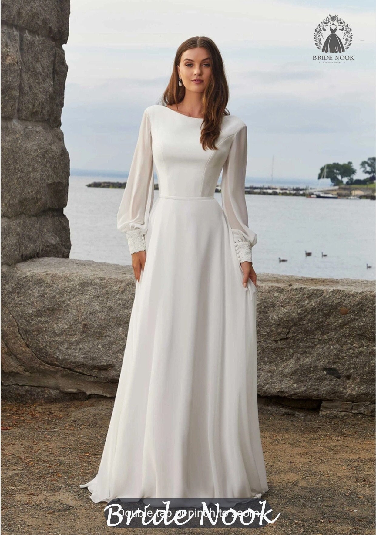 Emmani Women's A line Simple Wedding Dresses Long Sleeves Boat Neck Satin Wedding  Gowns Ivory : : Clothing, Shoes & Accessories