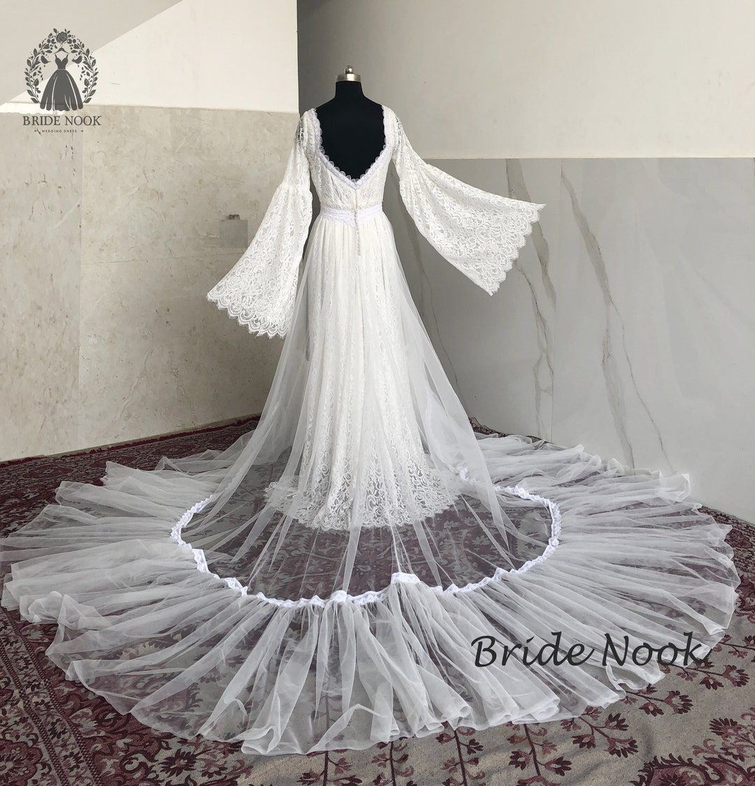 Long Sleeve Lace Wedding Dress Vintage Lace Dress Long Bell Etsy