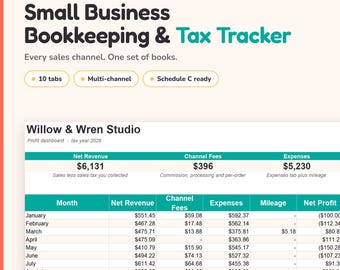 Op de afbeelding: Een digitaal boekhoud- en belastingtracker-spreadsheet voor kleine bedrijven genaamd Willow & Wren Studio. Het toont een winst-dashboard voor het belastingjaar 2026 met kolommen voor netto-omzet, kanaalkosten, uitgaven, kilometerstand en nettowinst.