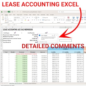Könnte beinhalten: Eine Excel-Tabelle mit dem Titel "LEASE ACCOUNTING ASC 842 WORKBOOK", die Finanzdaten wie Zahlungspläne, Zinsen und Verbindlichkeiten anzeigt. Ein Kommentar von John Lavigne ist enthalten.