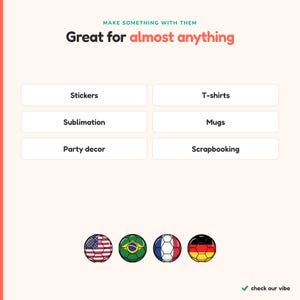 May include: A graphic display with the text MAKE SOMETHING WITH THEM Great for almost anything. Below are six white rectangular buttons labelled Stickers, T-shirts, Sublimation, Mugs, Party decor, and Scrapbooking. Four footballs feature flags.