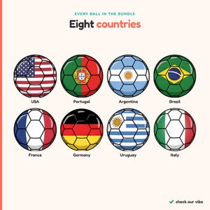 May include: A graphic illustration featuring eight footballs, each patterned with the flag of a different nation: USA, Portugal, Argentina, Brazil, France, Germany, Uruguay, and Italy. The text reads: EVERY BALL IN THE BUNDLE Eight countries.
