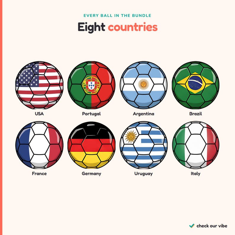 May include: A graphic illustration featuring eight footballs, each patterned with the flag of a different nation: USA, Portugal, Argentina, Brazil, France, Germany, Uruguay, and Italy. The text reads: EVERY BALL IN THE BUNDLE Eight countries.
