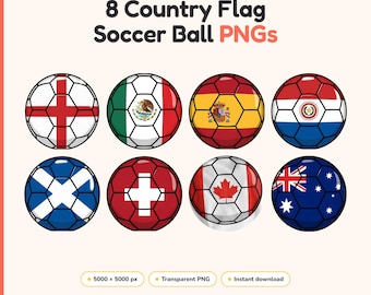 May include: A digital graphic featuring the text World Cup 2026 8 Country Flag Soccer Ball PNGs. It displays eight footballs, each patterned with the flags of England, Mexico, Spain, Paraguay, Scotland, Switzerland, Canada, and Australia.
