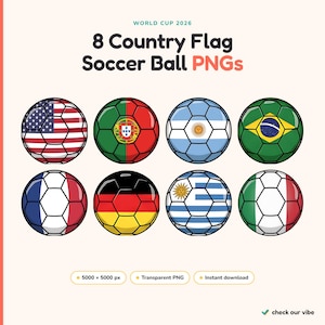 May include: A digital graphic featuring eight footballs, each patterned with a different national flag including the USA, Portugal, Argentina, Brazil, France, Germany, Uruguay, and Italy. Text reads World Cup 2026 8 Country Flag Soccer Ball PNGs.