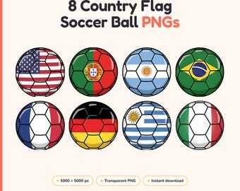 Op de afbeelding: Een digitale afbeelding met acht voetballen, elk voorzien van een ander nationaal vlagpatroon, waaronder de VS, Portugal, Argentinië, Brazilië, Frankrijk, Duitsland, Uruguay en Italië. De tekst luidt World Cup 2026 8 Country Flag Soccer Ball PNGs.
