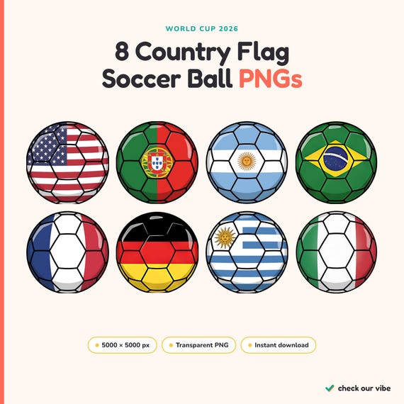 Soccer Ball Flag PNG Bundle, USA Brazil Argentina Portugal France Germany Italy Uruguay, Football Sublimation Clipart, 8 Designs