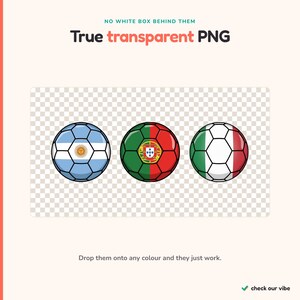 May include: Three footballs featuring the national flag designs of Argentina, Portugal, and Italy. The balls are displayed against a transparent checkerboard background with the text True transparent PNG and check our vibe.
