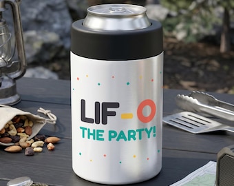May include: A silver stainless steel can cooler with a black rim, featuring the text "LIF-O THE PARTY!" in black, yellow, and orange lettering. The body is decorated with small, scattered multi-coloured confetti-like squares in teal, orange, and yellow.