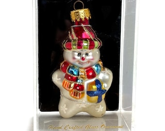 Vintage Snowman Hand Painted Blown Glass Ornament In Acrylic Case Christmas
