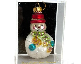VTG Snowman Hand Painted Blown Glass Ornament With Acrylic Case Christmas