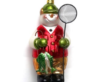 VTG Glass Ornament Snowman With Fish And A Net 6 In Tall