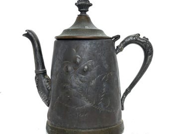 Antique Ornate Copper And Pewter Teapot From Early 1900s 7 x 7 x 4.25 Inches