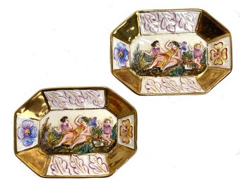 Vintage Capodimonte, Italy Hand Painted Relief Figures Trinket Dishes Trays