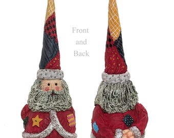 Vintage Weighted Bottom Resin Santa Figurine With Patchwork Hat 9.5 Inches
