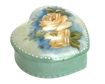 Vintage Porcelain Heart Shaped Hand Painted Yellow Roses Trinket Box With Lid