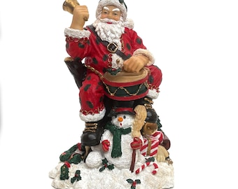 Vintage Santa Ringing A Bell And Playing Drum With Snowman 8.5 Inch Hand painted