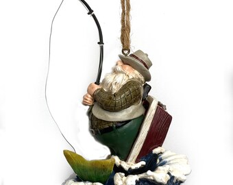 Vintage Santa Fishing Christmas Ornament 5 In Tall Has A Spring Makes Him Wobble