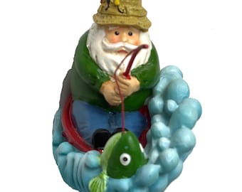 Vintage Santa Fishing In A Boat Christmas Ornament Green Fish On His Line 3 In Tall