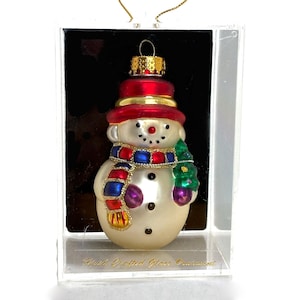 VTG Snowman Hand Painted Blown Glass Ornament In Acrylic Case Christmas