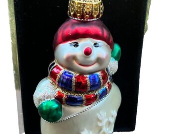 Vintage Snowman Hand Painted Blown Glass Ornament With Acrylic Case Christmas