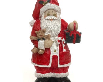 VTG Carved Look Christmas Santa Figurine With Teddy Candy Cane And Present