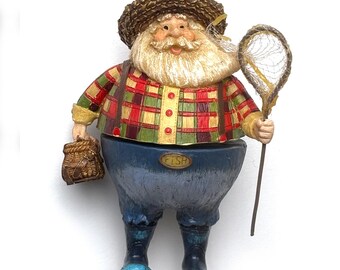 VTG Santa Wobbling Christmas Ornament Getting Ready For Fly Fishing In Waders