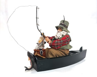 Vtg Clothtique  Santa Fishing In Wooden Canoe Christmas Stocking Holder