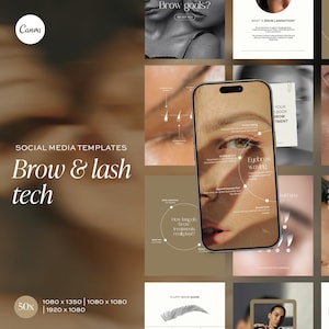 May include: A set of social media templates designed for brow and lash technicians. The templates feature images of brows, lashes, and tools used in the beauty industry. The text on the templates includes phrases like "Brow Goals", "Ultimate Brow Shaping", and "Ready for Brows?"