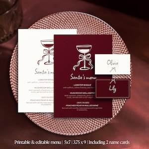 Weihnachtsmenü Burgund, Vorlage, bedruckbar, bearbeitbar, Weihnachtsessen, Menü, Party, Urlaub, digitaler Download, Tischdekoration, Schleife, Canva