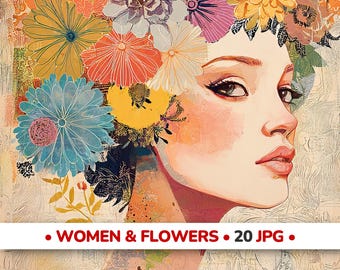 May include: A digital art portrait of a woman with a floral headdress. The artwork features a woman's face with soft features and a colorful arrangement of flowers in shades of blue, yellow, orange, and pink. The text at the bottom reads "WOMEN & FLOWERS • 20 JPG •".