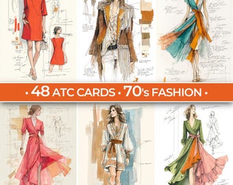 May include: A collection of fashion illustrations featuring women's clothing designs. The designs include dresses, jackets, and jumpsuits in various colors. The text on the image reads ".48 ATC CARDS . 70'S FASHION."