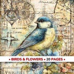Vintage Bird & Flower Junk Journal Pages, Watercolor Collage Papers (PDF Set)