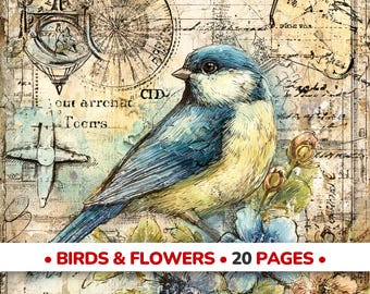 ヴィンテージの鳥と花のジャンクジャーナルページ、水彩コラージュペーパー（PDFセット）