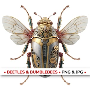 May include: A detailed steampunk-style beetle illustration. The insect features a metallic body with gold, silver, and bronze accents, intricate gears, and delicate white wings. The image includes the text "BEETLES & BUMBLEBEES • PNG & JPG."