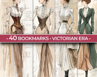Könnte beinhalten: Aquarellillustrationen mit Mode aus der viktorianischen Ära. Die Bilder zeigen Frauen in eleganten Kleidern, Korsetts und Jacken. Der Text auf dem Bild lautet: "40 BOOKMARKS • VICTORIAN ERA". Die Farbpalette umfasst Braun-, Weiß- und Grüntöne.