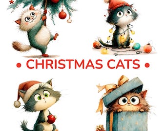 Quirky Christmas Cat Clipart Bundle: 15 PNG & 15 JPG Files (Digital Download)