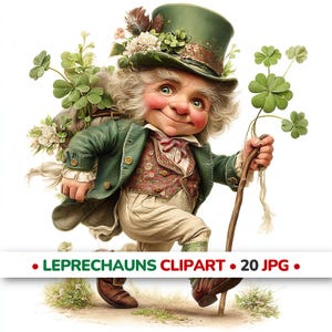 Könnte beinhalten: Eine skurrile Illustration eines Leprechauns in einem grünen Mantel, Hut und Weste, der einen Sack mit Kleeblättern und einen Wanderstock trägt. Der Leprechaun lächelt und geht auf einer grasbewachsenen Oberfläche. Der Text unten lautet "LEPRECHAUNS CLIPART • 20 JPG •".