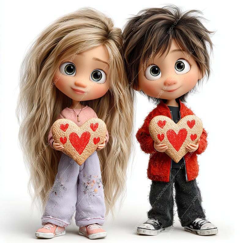 Pode incluir: Dois personagens de desenho animado, uma menina e um menino, cada um segurando um biscoito em forma de cora&ccedil;&atilde;o. A menina tem cabelo loiro comprido, usando um top rosa e cal&ccedil;as lavanda. O menino tem cabelo castanho, usando uma jaqueta vermelha e cal&ccedil;as pretas.